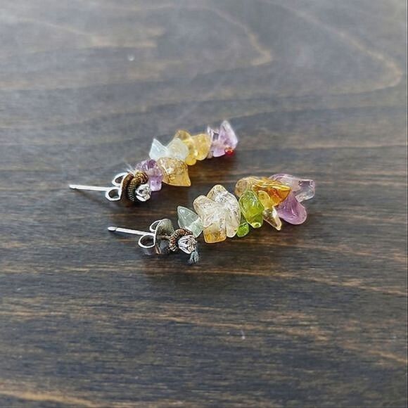Vtg mixed gemstone rainbow drop earrings - Picture 7 of 7